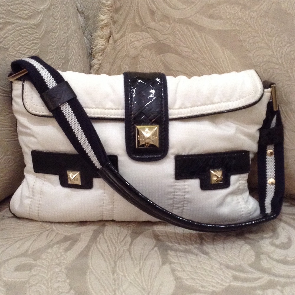 L.A.M.B. White and Black Shoulder Bag with Gold Studs